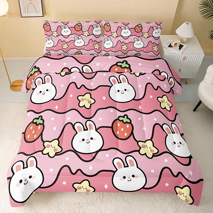 Kawaii Rabbit Comforter,Strawberry Rabbit Comforter Set for Kids Teens Girls,3Pcs Bedding Set Printed Comforter with 2 Pillowcases,Down Alternative,Soft and Lightweight(Pink，Twin Size) - LeafyLoom
