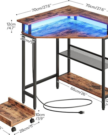HOOBRO Corner Desk, Gaming Table with Charging Station and LED Strip, 90° Corner Computer Table, Mobile PC Holder, Adjustable Mesh Shelf, for Small Space/Home Office, Rustic Brown and Black BB70UDDN01 - LeafyLoom