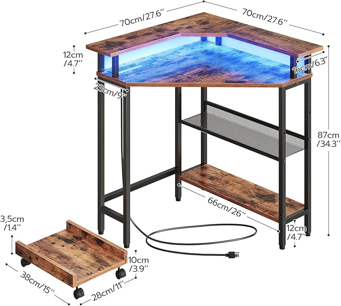 HOOBRO Corner Desk, Gaming Table with Charging Station and LED Strip, 90° Corner Computer Table, Mobile PC Holder, Adjustable Mesh Shelf, for Small Space/Home Office, Rustic Brown and Black BB70UDDN01 - LeafyLoom