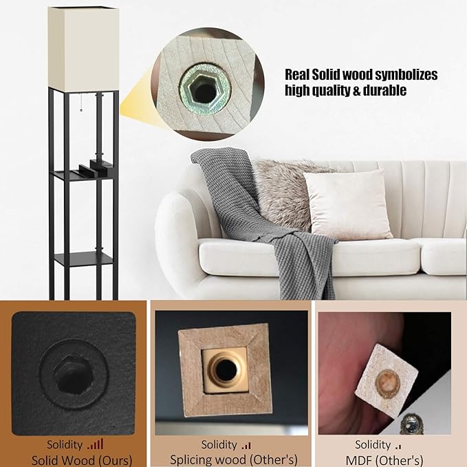PAZZO Floor Lamp with Shelves, Shelf Lamps by Real Solid Wood with 2 Charging Ports and 1 Power Outlet, Floor Lamps for Bedrooms, Lamps for Living Room,Bulb Included,Matt Black - LeafyLoom