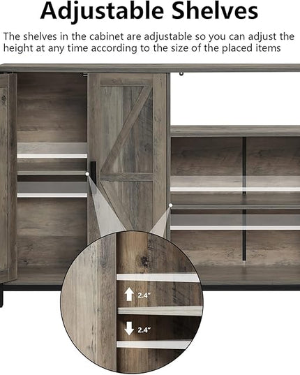 WEENFON Floor Storage Cabinet, Buffet Storage Cabinet with 2 Barn Doors, Industrial Sideboard with Adjustable Shelves, Buffet Table for Dining Room, Living Room, Kitchen, Rustic Oak - LeafyLoom