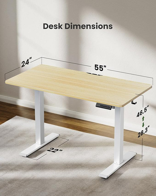 Marsail Electric Standing Desk Adjustable Height, 55 * 24 Inch Sit Stand up Desk for Home Office Furniture Computer Desk with 3 Memory Presets, Headphone Hook, Light Maple - LeafyLoom