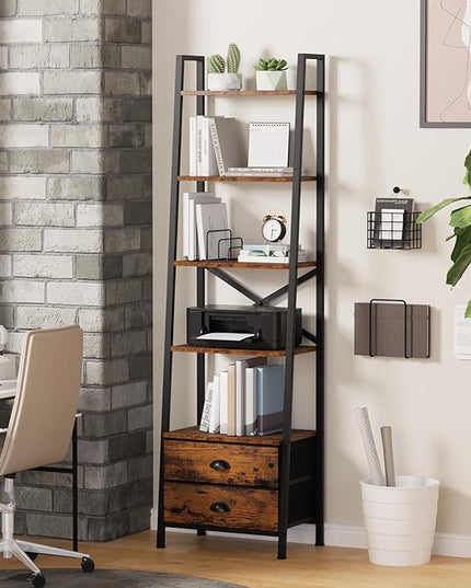 Furologee 5-Tier Ladder Shelf with 2 Drawers,Narrow Bookshelf Storage Shelves,Industrial Bookcase Freestanding Shelf Units for Bedroom,Living Room,Bathroom,Home Office,Balcony,Wood Metal,Rustic Brown - LeafyLoom
