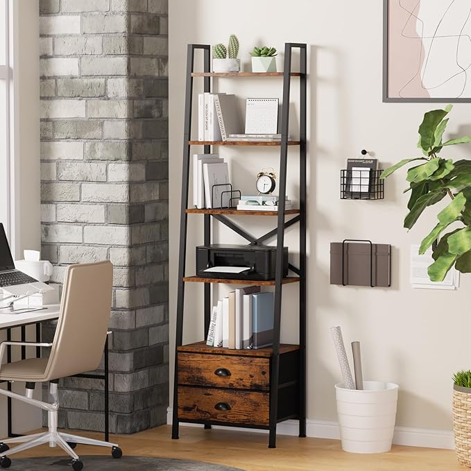 Furologee 5-Tier Ladder Shelf with 2 Drawers,Narrow Bookshelf Storage Shelves,Industrial Bookcase Freestanding Shelf Units for Bedroom,Living Room,Bathroom,Home Office,Balcony,Wood Metal,Rustic Brown - LeafyLoom