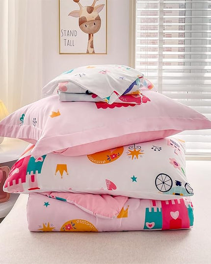 Wajade Kids Pink Princess Comforter Set Bed in A Bag Queen Size 7 Piece Princess Fairy Tales Castle Bedding Set for Girl (1 Comforter, 1 Flat Sheet, 1 Fitted Sheet, 2 Pillowcase and 2 Pillow Sham) - LeafyLoom