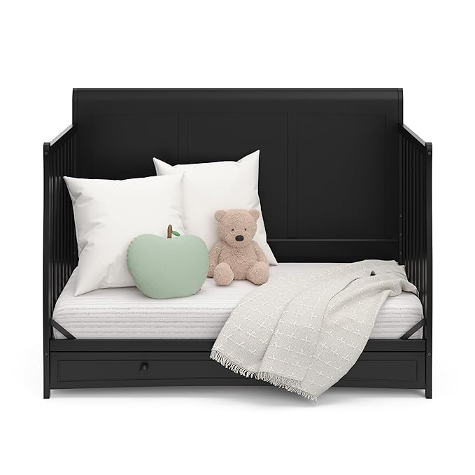 Graco Asheville 4-in-1 Convertible Crib with Drawer (Black) – GREENGUARD Gold Certified, Crib with Drawer Combo, Full-Size Nursery Storage Drawer, Converts to Toddler Bed, Daybed and Full-Size Bed - LeafyLoom