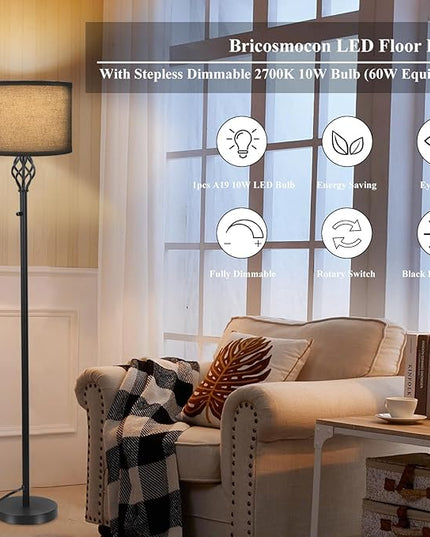 Dimmable Floor lamp, Floor Lamps for Living Room, Modern Standing Lamp with Black Linen Shade, Rotary Switch, 10W LED Bulb(1000LM, 2700K), Reading Tall Floor Lamp for Bedroom Office Dinning Room - LeafyLoom