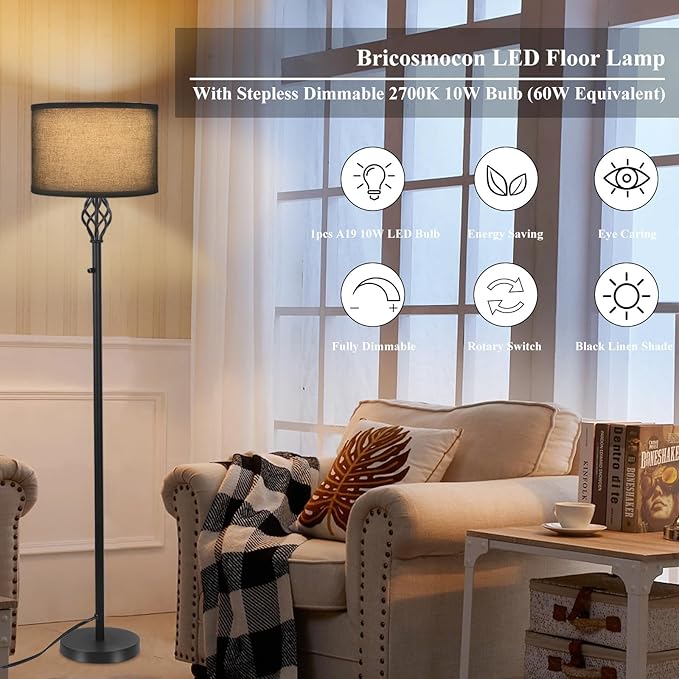 Dimmable Floor lamp, Floor Lamps for Living Room, Modern Standing Lamp with Black Linen Shade, Rotary Switch, 10W LED Bulb(1000LM, 2700K), Reading Tall Floor Lamp for Bedroom Office Dinning Room - LeafyLoom
