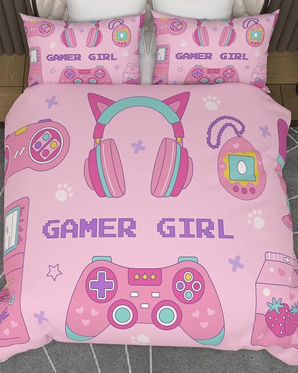 Video Game Full Size Comforter Set for Girls Kids Teens 3D Gaming Controller Pattern Gamepad Print Bedding Set- 3 Piece Pink Quilt with 2 Pillowcases (80"x90") - LeafyLoom