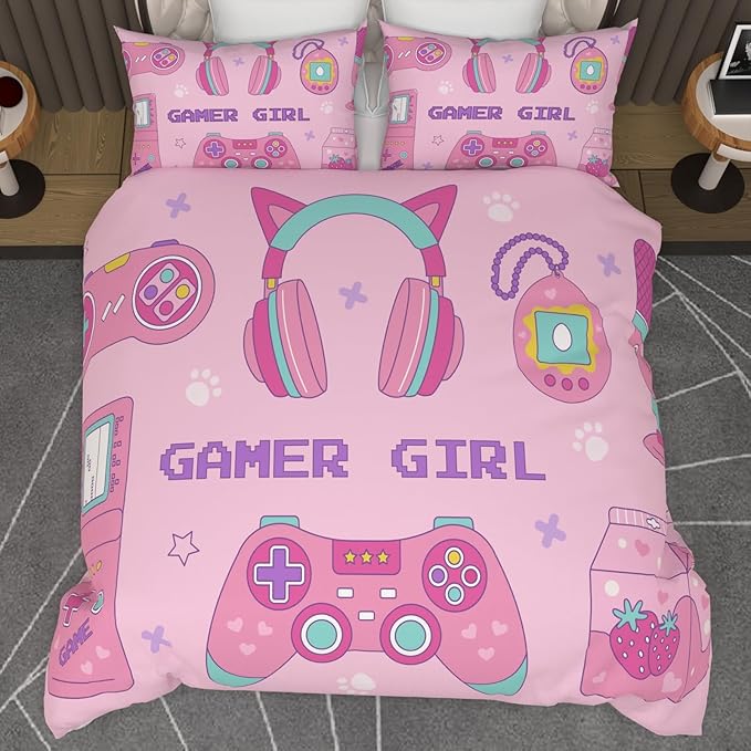 Video Game Queen Size Comforter Set for Girls Kids Teens 3D Gaming Controller Pattern Gamepad Print Bedding Set- 3 Piece Pink Quilt with 2 Pillowcases (90"x90") - LeafyLoom