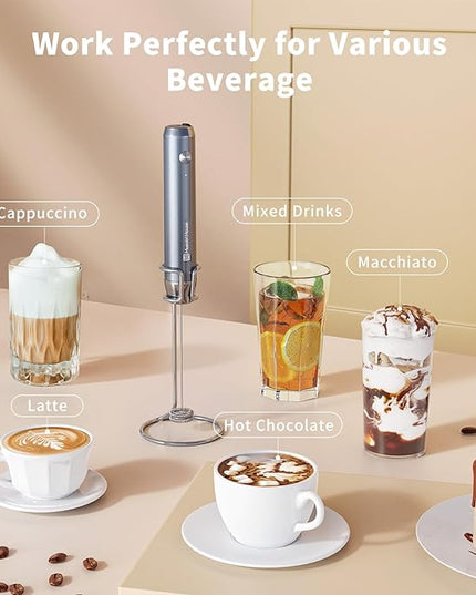 Maestri House Rechargeable Milk Frother with Stand, Handheld Electric Foam Maker Waterproof Detachable Stainless Steel Whisk Drink Mixer Foamer for Lattes, Cappuccino - LeafyLoom