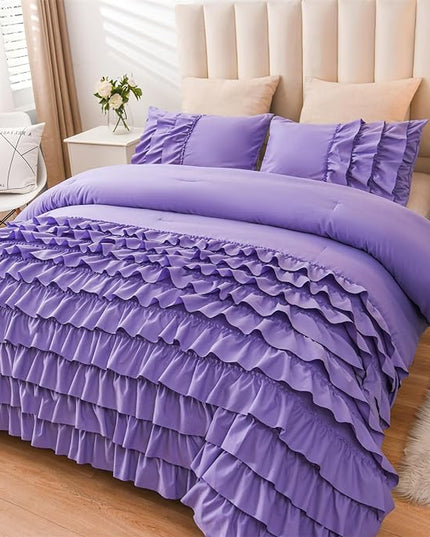 A Nice Night Waterfall Flutter Ruffle 3PCS Comforter Set,Chic Ruffled Textured Princess Bedding Set,Purple,Twin - LeafyLoom