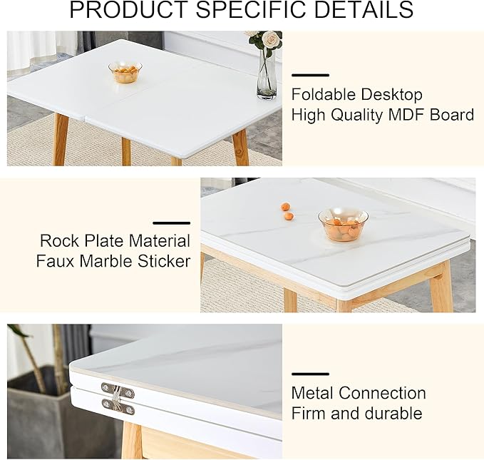 NicBex 47.2Inch Folding Dining Table,Modern Kitchen Table with White Sintered Stone Tabletop and Rubber Wooden Legs for 4 to 6,Large Dining Room Table for Kitchen,Meeting Living Room,Space-Saving,Wood - LeafyLoom