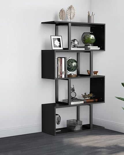 YITAHOME 5 Tiers Bookshelf, Modern S-Shaped Z-Shelf Style Bookshelves, Multifunctional Geometric Bookcase Storage Display Shelf for Living Room Bedroom Home Office, Black - LeafyLoom