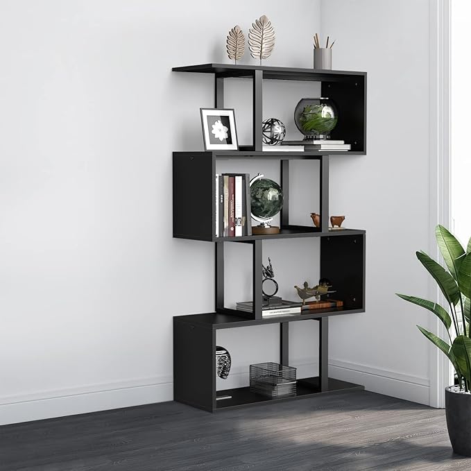YITAHOME 5 Tiers Bookshelf, Modern S-Shaped Z-Shelf Style Bookshelves, Multifunctional Geometric Bookcase Storage Display Shelf for Living Room Bedroom Home Office, Black - LeafyLoom