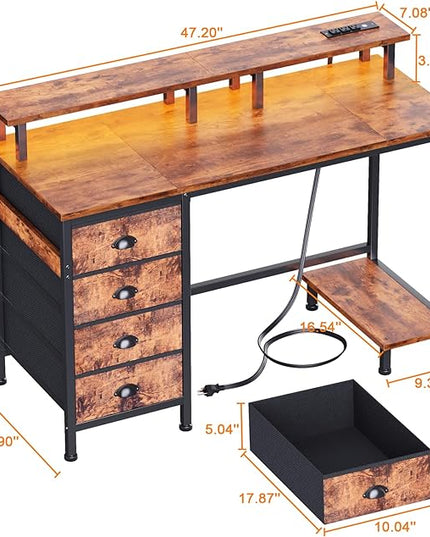 Furologee Desk with Power Outlets and LED Lights, 47in Gaming Computer Desk with 4 Fabric Drawers, Home Office Desk with Full Monitor Stand and Shelf, Study Writing Desk Bedroom, Rustic Brown - LeafyLoom