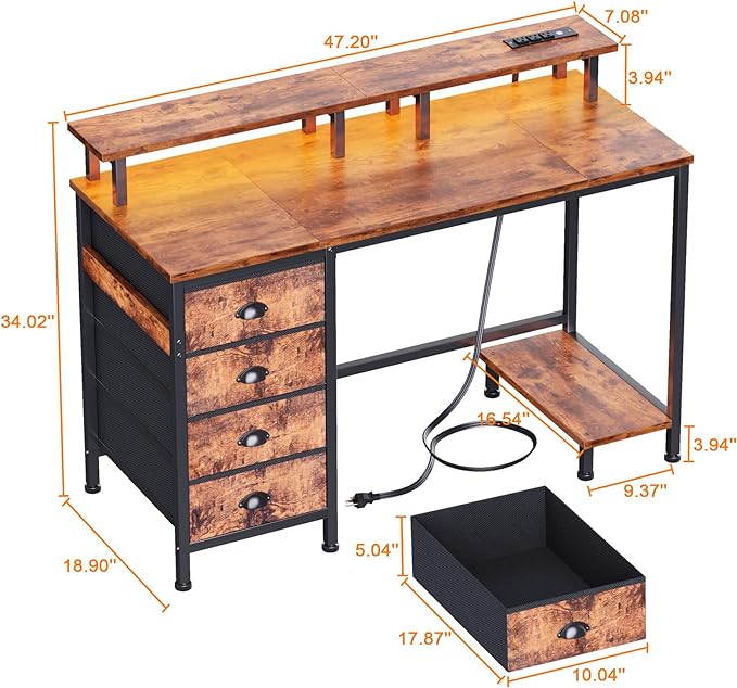 Furologee Desk with Power Outlets and LED Lights, 47in Gaming Computer Desk with 4 Fabric Drawers, Home Office Desk with Full Monitor Stand and Shelf, Study Writing Desk Bedroom, Rustic Brown - LeafyLoom