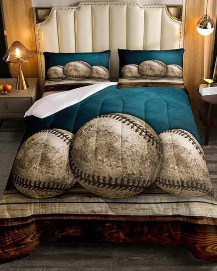 Erosebridal Teens Baseball Comforter Set Full,Kids Retro Grunge Baseball Bedding Set for Boys Bedroom,Sports Games Bedding Comforter Set Teal Vintage Wooden Board Quilt Duvet Sets 2 Pillow Cases - LeafyLoom