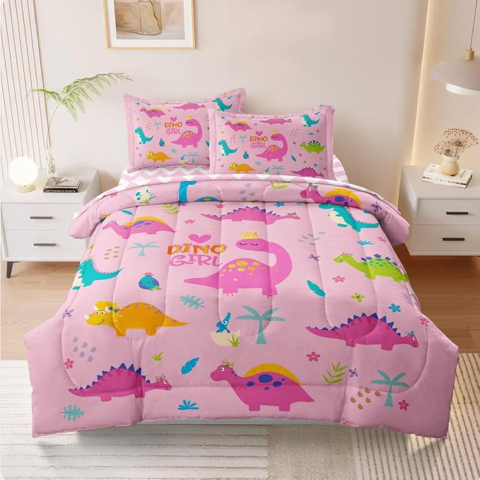 Girls Dinosaur Bedding Twin Green Pink Dinosaur Comforter Set, Cute Cartoon Down Comforter for Little Girls Teens Kids Adults Room Decor, Reversible Bed-in-a-Bag 5-Piece Bed Sets - LeafyLoom