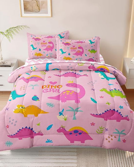 Girls Dinosaur Bedding Full Green Pink Dinosaur Comforter Set, Cute Cartoon Down Comforter for Little Girls Teens Kids Adults Room Decor, Reversible Bed-in-a-Bag 5-Piece Bed Sets - LeafyLoom