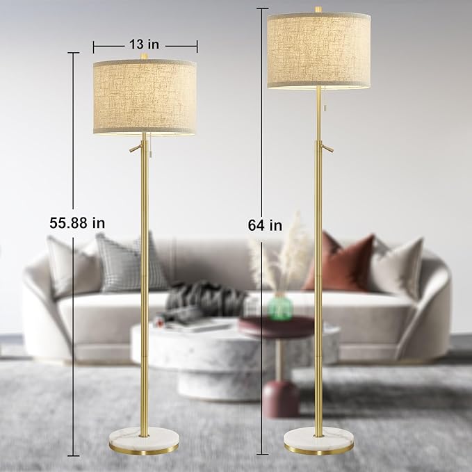 Marble Floor Lamp, Adjustable Height Standing Lamp with Marble Base Tall Lamp with Pull Chain Switch Floor Lamps for Living Room, Bedroom & Office Bulbs Not Included(Gold) - LeafyLoom