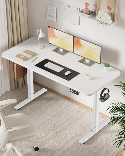 Electric Standing Desk Adjustable Height Stand Up Desk, 55" x 24" Sit Stand Desk, Low Noise Home Office Desk, Computer Desk with Splice Board, Child Lock & Memory Function, White - LeafyLoom