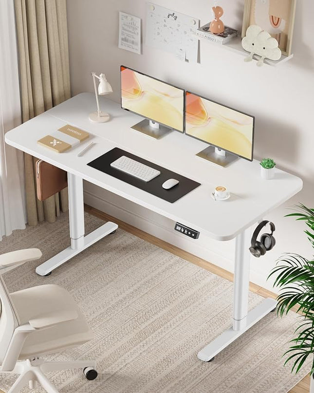 Electric Standing Desk Adjustable Height Stand Up Desk, 55" x 24" Sit Stand Desk, Low Noise Home Office Desk, Computer Desk with Splice Board, Child Lock & Memory Function, White - LeafyLoom