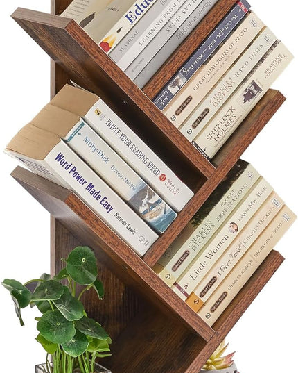 YMYNY 4 Tier Tree Bookshelf, Small Bookcase, Modern Wood Book Storage Rack, Freestanding Book shelf for Books/Movies/CDs, Narrow Display Rack for Living Room, Home Office, Rustic Brown UHBC014H - LeafyLoom