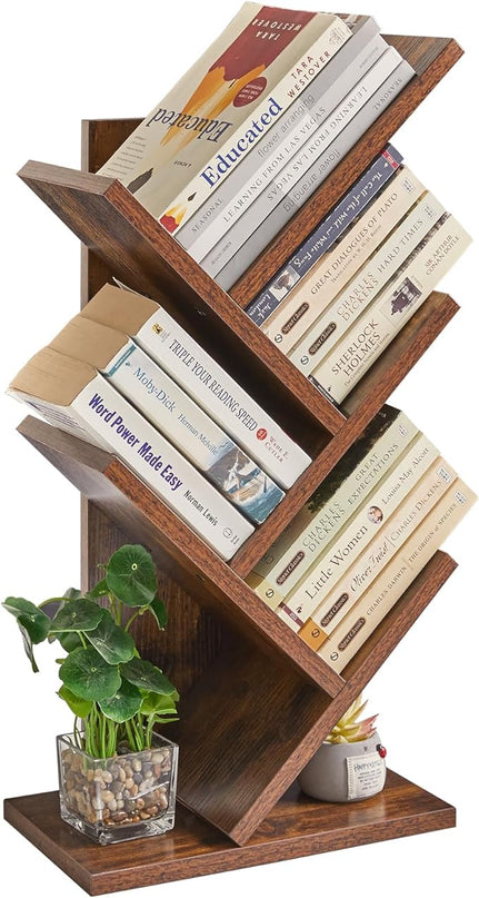 YMYNY 4 Tier Tree Bookshelf, Small Bookcase, Modern Wood Book Storage Rack, Freestanding Book shelf for Books/Movies/CDs, Narrow Display Rack for Living Room, Home Office, Rustic Brown UHBC014H - LeafyLoom