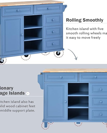 Island with Storage Cabinets, Rolling Mobile Kitchen-cart with Rubber Wood Desktop and 5 Drawers & Open Shelves, Sideboard for Dining Room, Home Bar, Blue, 52.8 Inch - LeafyLoom
