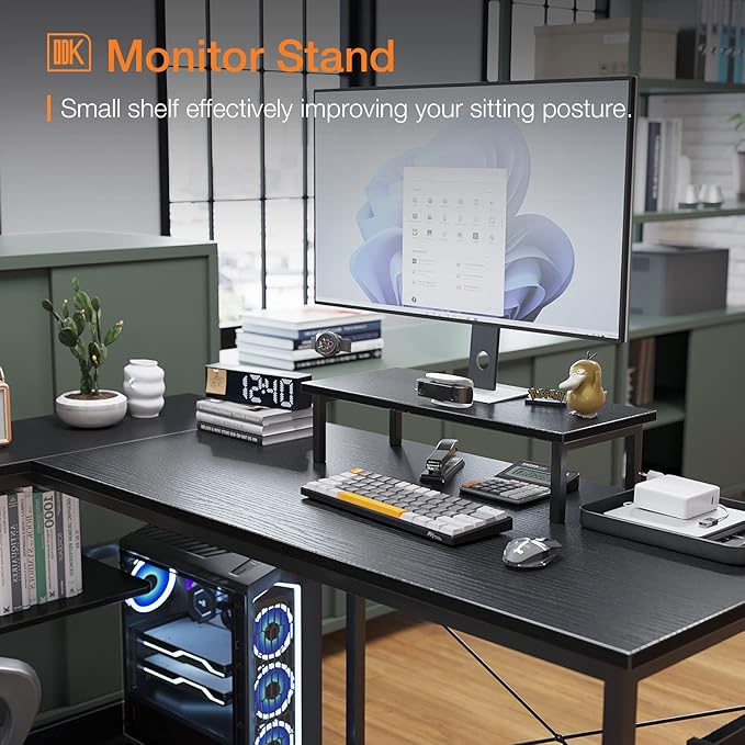 KKL 51 Inch L Shaped Computer Desk with Storage Shelves, Corner Desk with Monitor Stand for Small Space, Modern Simple Writing Study Table for Home Office, Black - LeafyLoom