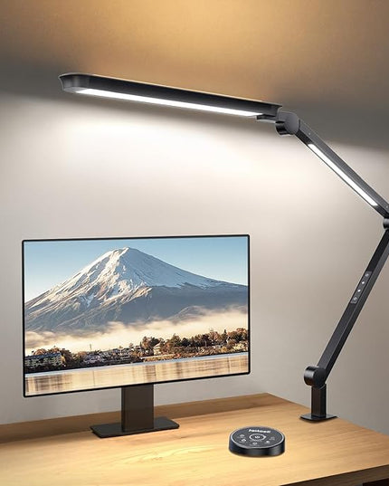 Sky LED Desk Lamp with Remote Control - Three Light Sources・24W・Ajustable Atmosphere Lighting - Flexible Swing Arm, 4 Color Modes & 4 Brightness, Architect Desk Lamp with Clamp for Home Office - LeafyLoom