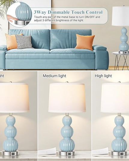 Qimh Table Lamps for Bedroom Set of 2, 26.5" Bedside Lamps for Living Room with USB Ports Touch Control, Modern Blue Ceramic Nightstand Lamp White Shade Home Decor (LED Bulb Included) - LeafyLoom