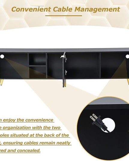 Merax Modern Minimalist Geometric TV Stand with Metal Handles and Gold Legs for Televisions Up to 80'' Multi-Functional Storage Cabinet, Entertainment Center for Living Room, 70.80" Length, Black - LeafyLoom