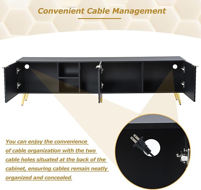 Merax Modern Minimalist Geometric TV Stand with Metal Handles and Gold Legs for Televisions Up to 80'' Multi-Functional Storage Cabinet, Entertainment Center for Living Room, 70.80" Length, Black - LeafyLoom