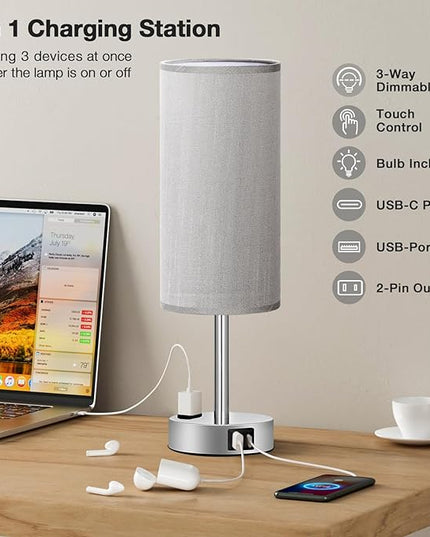 Grey Nightstand Table Lamp for Bedroom - 3 Way Dimmable Bedside Lamp USB C A Charging Ports and AC Outlet, Small Table Lamp Silver Base for Living Room, Office Desk, LED Bulb Included - LeafyLoom