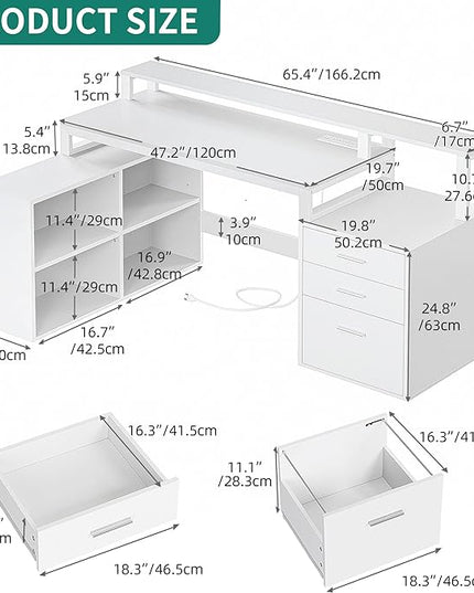 YITAHOME L Shaped Desk with 3 Drawers, 65" Corner Computer Desk with Power Outlets & LED Lights, L-Shaped Desk with File Cabinet & Printer Stand for Home Office, White - LeafyLoom