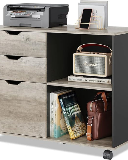 DEVAISE 3-Drawer Wood File Cabinet, Mobile Lateral Filing Cabinet, Printer Stand with Open Storage Shelves for Home Office, Greige - LeafyLoom