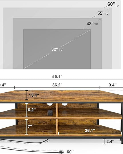Unikito 55'' Corner TV Stand with Power Outlet, Corner Entertainment Center TV Console Table with 4 Open Storage Shelves, Metal Frame for Living Room, Bedroom, Industrial 60'' Corner TV Stand, Rustic - LeafyLoom