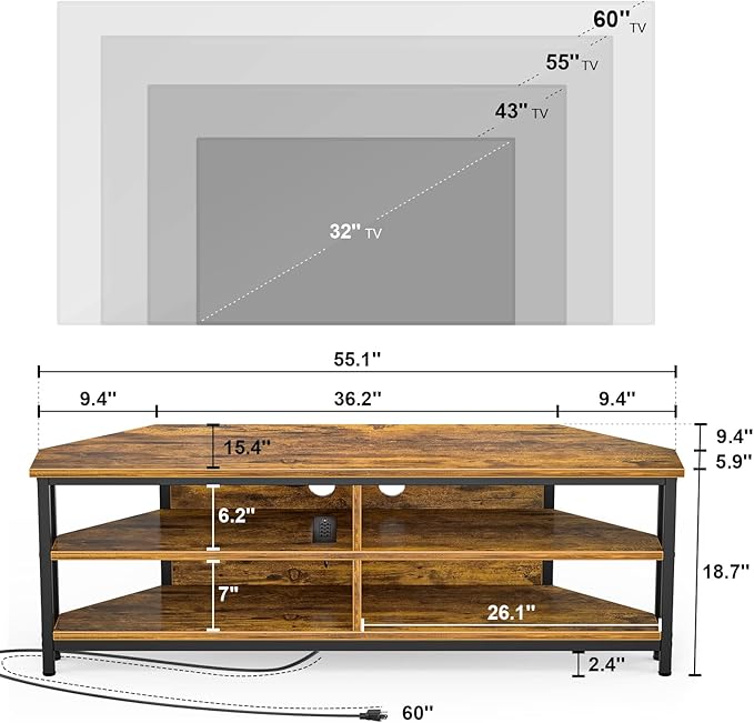 Unikito 55'' Corner TV Stand with Power Outlet, Corner Entertainment Center TV Console Table with 4 Open Storage Shelves, Metal Frame for Living Room, Bedroom, Industrial 60'' Corner TV Stand, Rustic - LeafyLoom