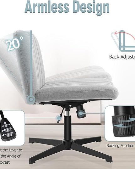 Armless Office Chair no Wheels, Ergonomic Wide Seat Swivel Desk Chair, Height Adjustable Cross Legged Comfortable Computer Chair for Living Room, Vanity Accent Chair LightGray - LeafyLoom