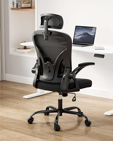 Farini Ergonomic Office Chair, Home Office Desk Chair with Headrest, High Back Computer Chair with Flip-up Armrests and Adjustable Lumbar Support.for Home Office Study Room Bedroom, Black. - LeafyLoom