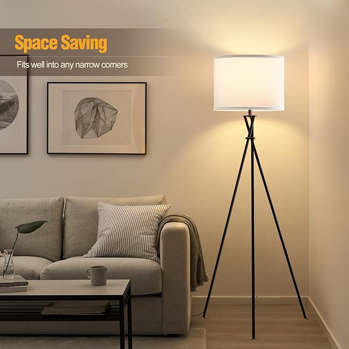 Modern Floor Lamps, 61" Tripod Floor Lamp, Mid Century Lamp with Simple Design, Lamps for Living Room, Bedroom, Office,Tall Standing Lamp with Rocker Swtich, Black White- without Bulb - LeafyLoom
