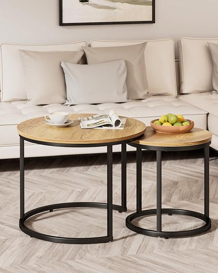 Nesting Coffee Table Set of 2, 23.6" Round Coffee Table Brown Wood with Adjustable Non-Slip Feet, Industrial End Table Side Tables for Living Room Bedroom Balcony Yard - LeafyLoom