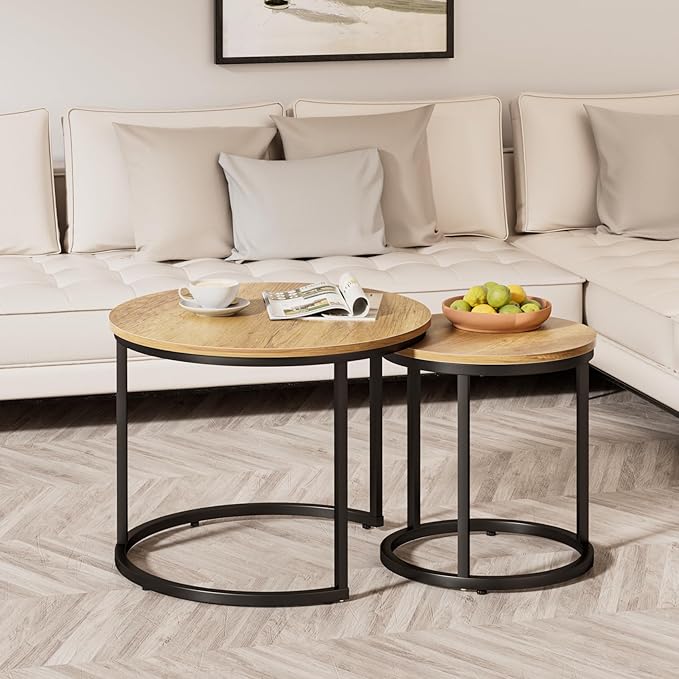 Nesting Coffee Table Set of 2, 23.6" Round Coffee Table Brown Wood with Adjustable Non-Slip Feet, Industrial End Table Side Tables for Living Room Bedroom Balcony Yard - LeafyLoom