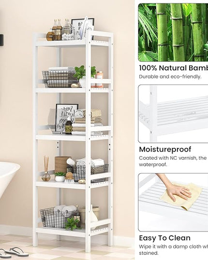 Homykic Bamboo Bookshelf, 5-Tier Narrow 55.9” Adjustable Book Shelf Bookcase Bathroom Shelves Freestanding Storage Stand for Living Room, Bedroom, Kitchen, Rust Resistance, Easy Assembly, White - LeafyLoom