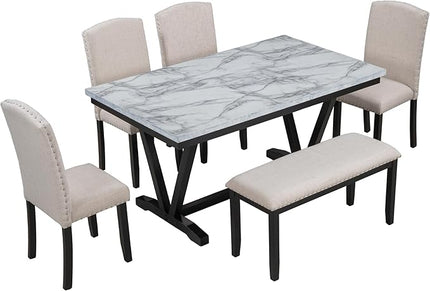 RITSU Contemporary 6-Piece Solid Wood Dining Table Set with 4 Upholstered Chairs and 1 Bench W/Marble Veneer & V-Shaped Legs, Suitable for Living Room, Kitchen White, 60inch - LeafyLoom