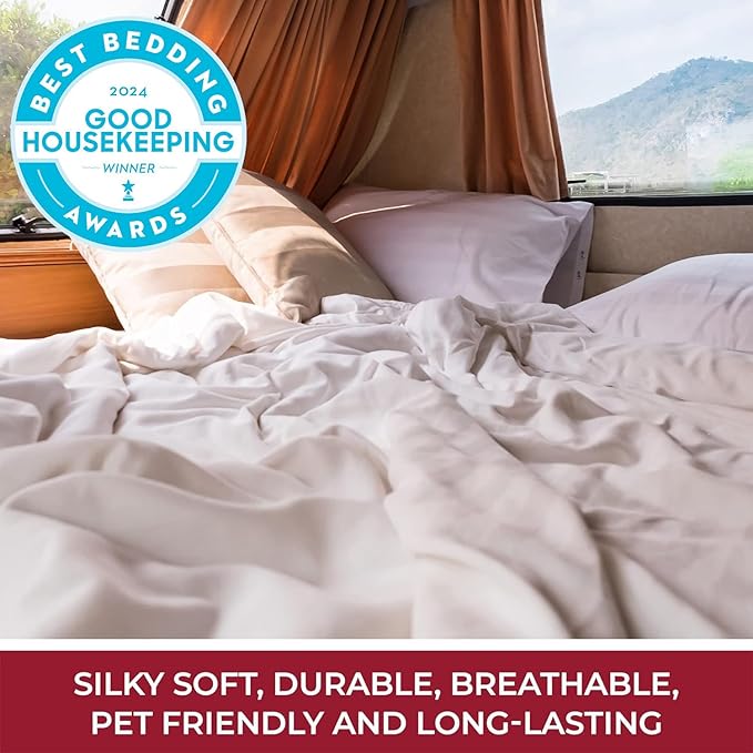 Mellanni RV Short Queen Sheets - 4 PC Iconic Collection Bedding Sheets & Pillowcases - Hotel Luxury, Extra Soft, Cooling Bed Sheets - Deep Pocket up to 10 inch (RV/Short Queen, Spa Blue) - LeafyLoom