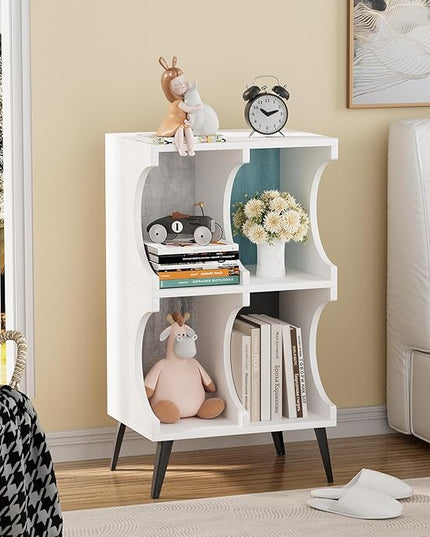 4 Cube Bookcase,White Open Cube Small Bookshelf Circle Arc Storage Shelf Display Cabinet Organizer,2 Tiers Modern Wooden Bookcase with Cubby Storage for Living Room,Bedroom,Office - LeafyLoom