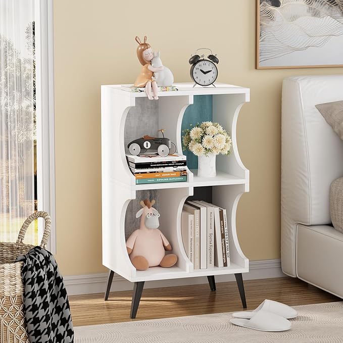 4 Cube Bookcase,White Open Cube Small Bookshelf Circle Arc Storage Shelf Display Cabinet Organizer,2 Tiers Modern Wooden Bookcase with Cubby Storage for Living Room,Bedroom,Office - LeafyLoom